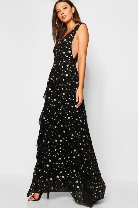 Tall Metallic Star Ruffle Maxi Dress