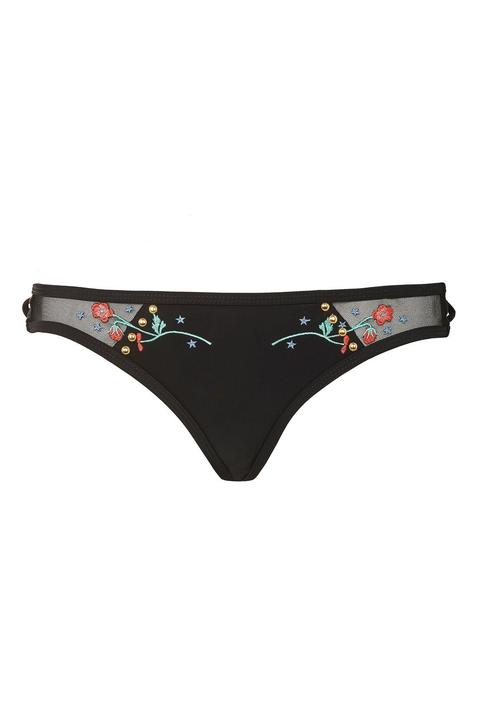 Womens Embroidered Mesh Bikini Bottoms - Black, Black