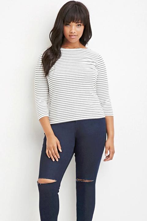 Plus Size Boat-neck Micro-striped Top