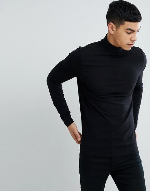 Asos Design - Langärmliges Muskelshirt Mit Rollkragen Und Stretch-anteil In Schwarz - Schwarz