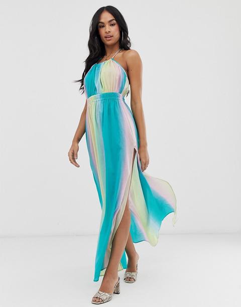Asos Design - Robe Longue De Plage Dos Nu À Rayures Arc-en-ciel Avec Taille Froncée