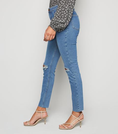 Blue Ripped Raw Hem Hallie Super Skinny Jeans New Look