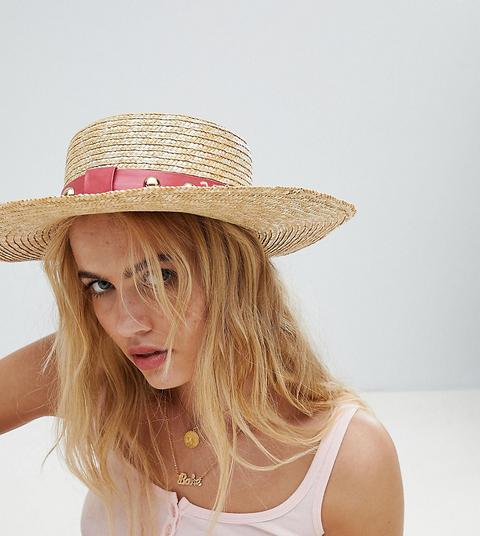 Sacred Hawk Straw Boater Hat With Studded Trim