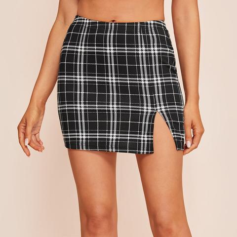 Slit Hem Plaid Skirt