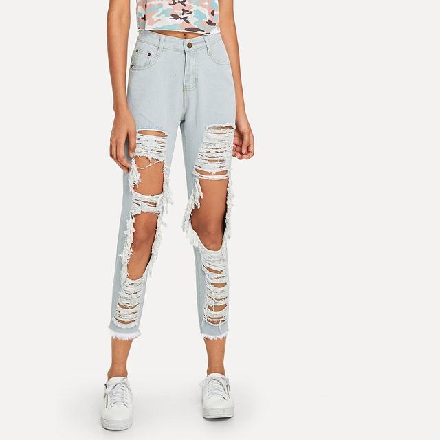 Casuale A Tinta Unita Strappato Blu Pantaloni Di Jeans from SheIn on 21  Buttons