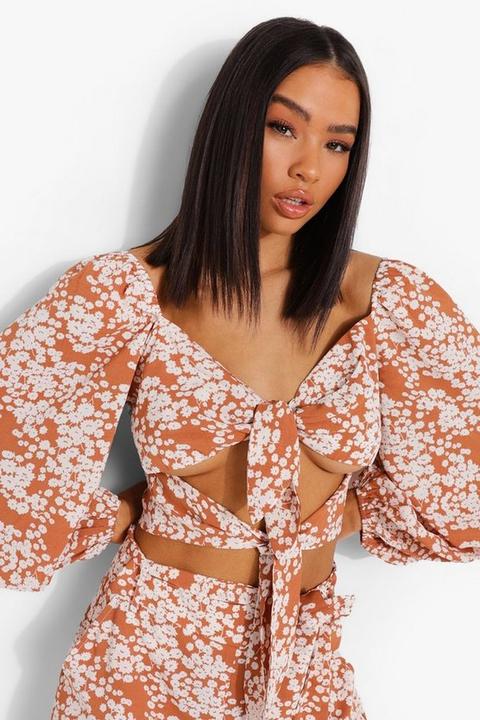 Womens Double Bow Balloon Sleeve Beach Crop Top - Orange - L, Orange