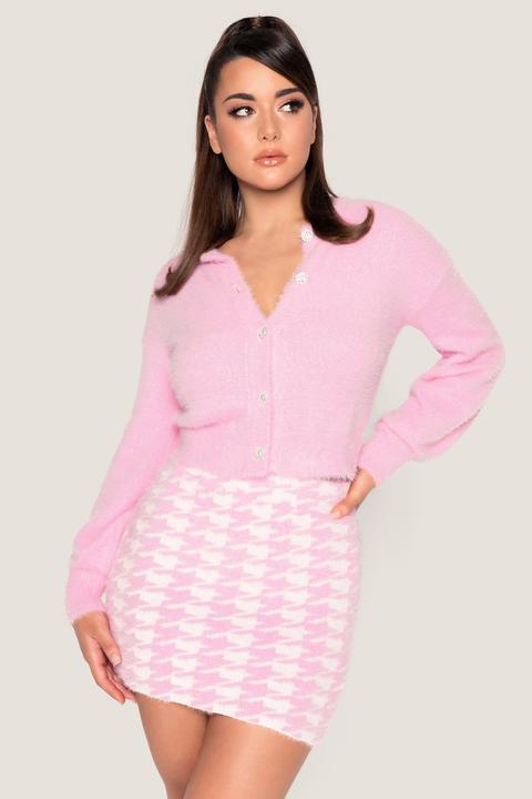Louise Diamante Button Fluffy Cardigan - Baby Pink