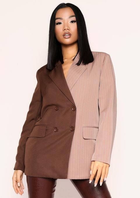 Larna Nude Pinstripe Spliced Double Breasted Longline Blazer