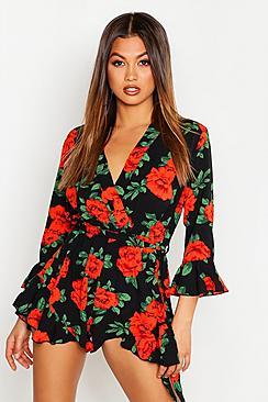 Rose Floral Wrap Ruffle Hem Playsuit