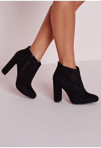 Faux Suede Heeled Ankle Boots Black