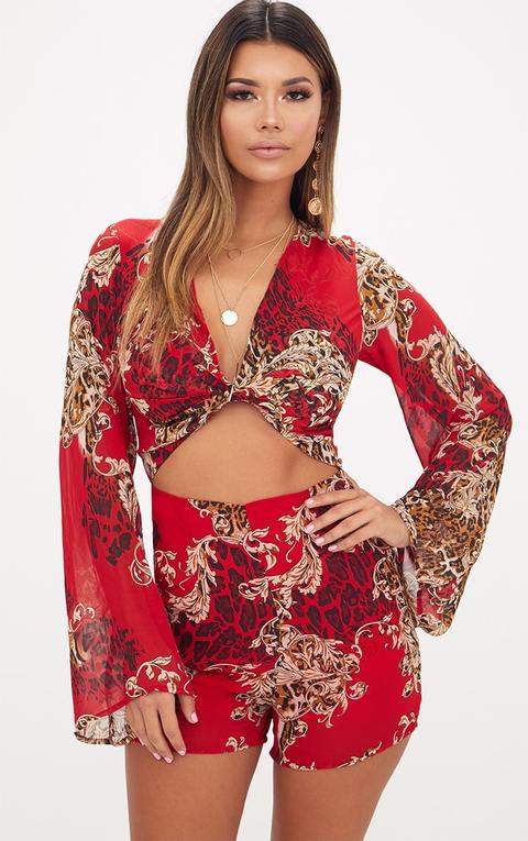 Red Leopard Bell Sleeve Playsuit, Red