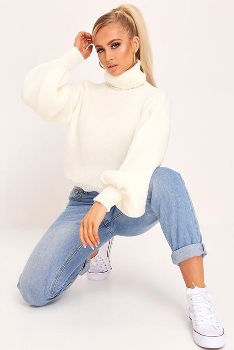 Cream Balloon Sleeve Roll Neck Knitted Jumper , White