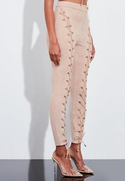 Nude Faux Suede Lace Up Trousers, Nude 