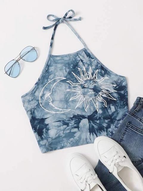 Top Halter De Tie Dye Con Estampado De Sol Y Luna