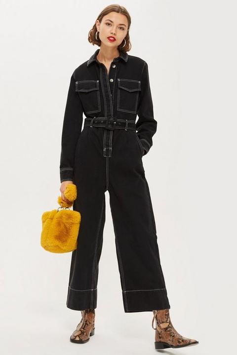 Womens Contrast Denim Boilersuit - Black, Black