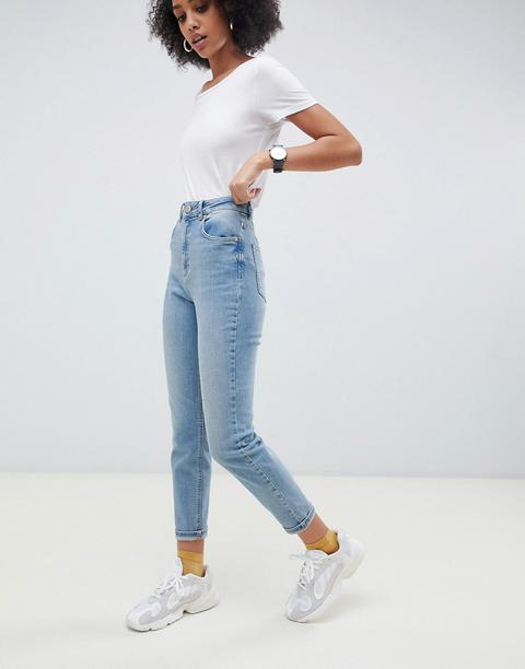 Asos Design High Rise Farleigh 'slim' Mom Jeans In Light Stone Wash-blue