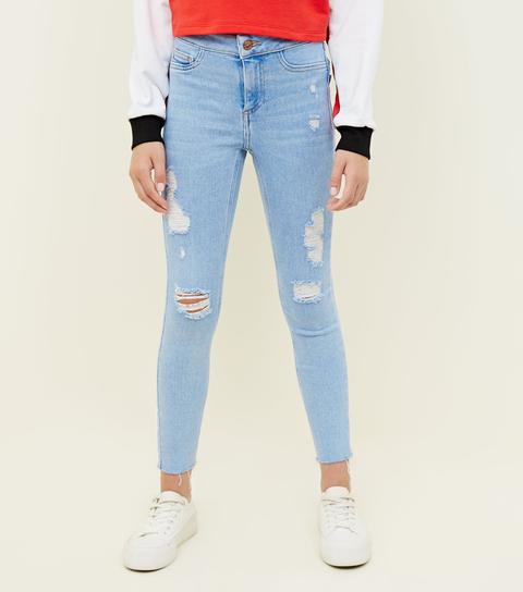 Girls Pale Blue High Waist Ripped Super Skinny Jeans New Look From New Look On 21 Buttons