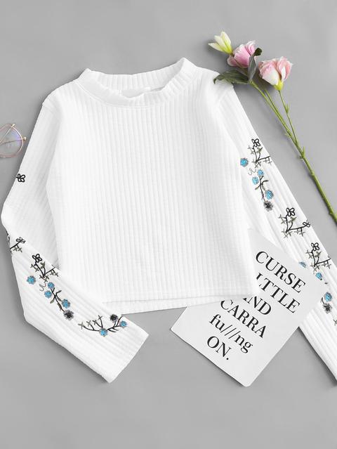 Floral Embroidered Ribbed Top