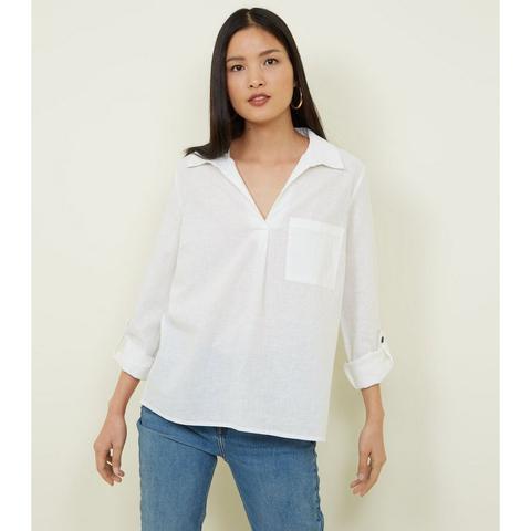 Chemise Blanche Sans Fermeture En Mélange De Lin