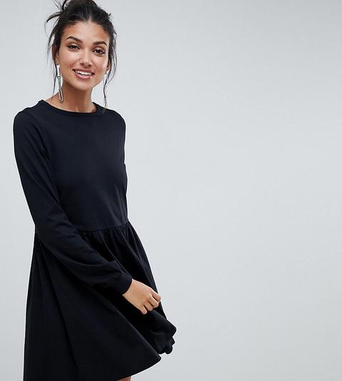 Asos Design Tall - Vestito Grembiule In Cotone A Maniche Lunghe - Nero