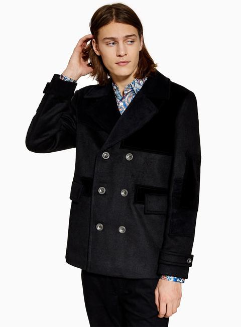 Mens Black Patchwork Pea Coat With Wool, Black