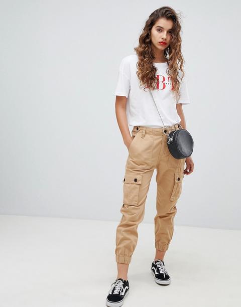 Bershka - Pantaloni Cargo Beige Multitasche - Beige