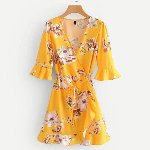 Vestido Cruzado Floral Ribete Fruncido
