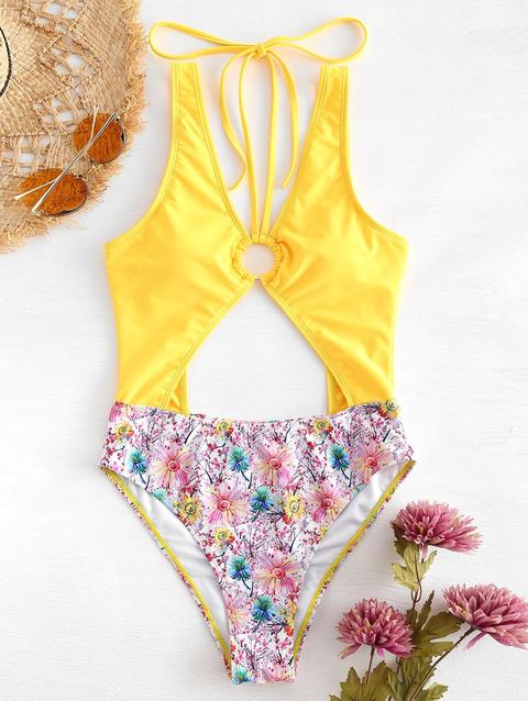Costume Da Bagno Floreale Con Taglio Alto Rubber Ducky Yellow