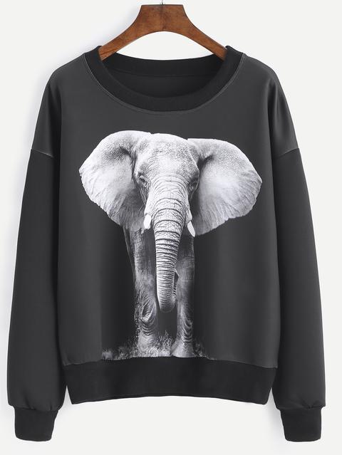 Felpa Stampa Elefante Spalle Cascanti Nero