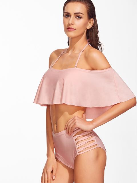 Bikini Vita Alta Incrociato Spalle Scoperte Rosa