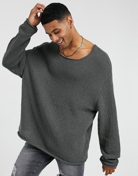 Asos Design Oversized Textured Jumper In Off Slate-grey