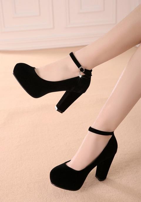 Scarpe Girocollo A Punta Corto Fibbia Casuale Tacco Alto Nero
