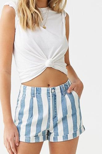 Forever 21 Striped Denim Shorts , Denim/white