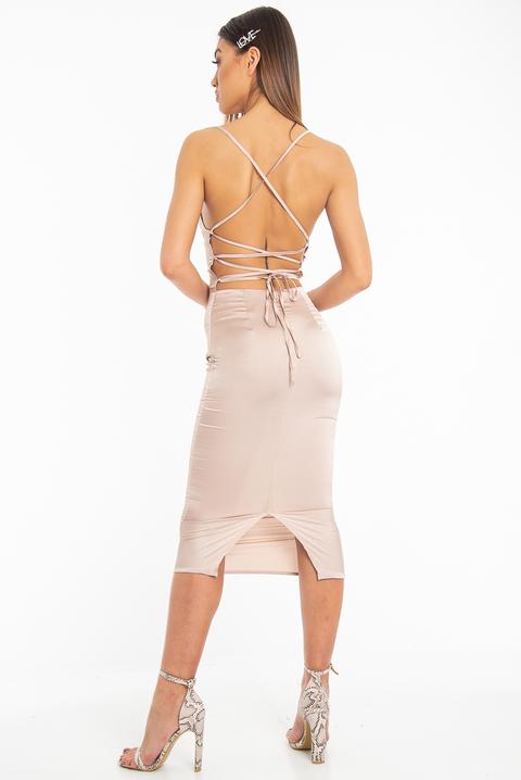 nude satin midi dress