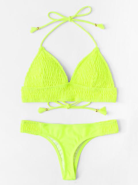 Shirred Self Tie Bikini Set