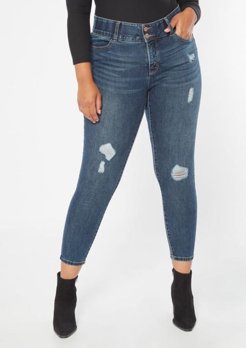 Plus Dark Wash High Waisted Ripped Booty Jeans