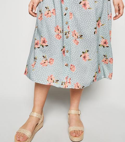 Curves Blue Floral Spot Button Up Midi Skirt New Look