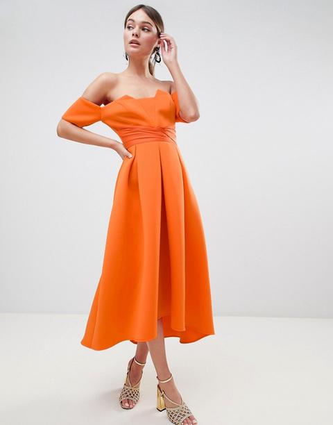 Asos Design - Vestito Da Cerimonia Midi In Tessuto Scuba Con Pieghe In Vita E Scollo Alla Bardot - Arancione