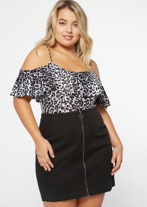 Plus Black Leopard Print Cold Shoulder Bodysuit