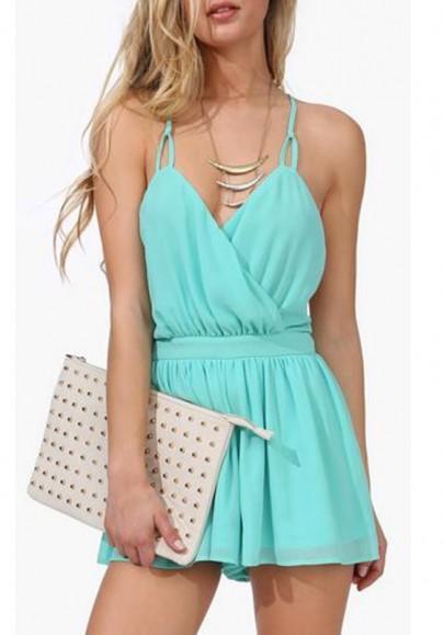 Blue Plain Cross Back Pleated Cut Out Short Jumpsuit