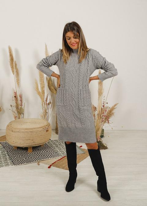 Vestido Punto Trenzado Bolsillos Gris