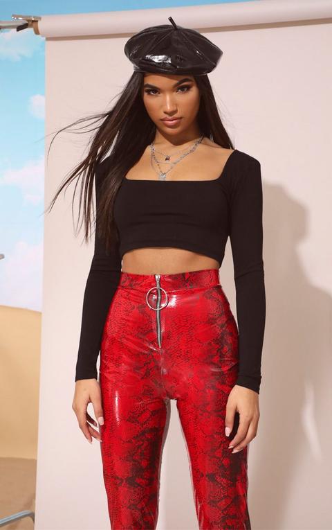 Black Square Neck Long Sleeve Crop Top 