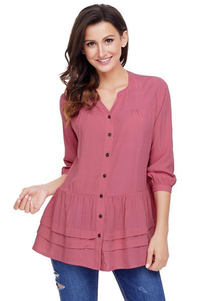 Deep Blush Button-front Puffed Sleeves Tunic