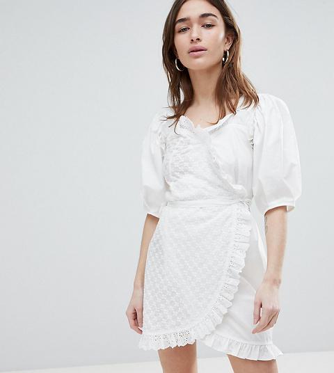 Lost Ink Petite Wrap Dress In Broderie With Lace Trim - Ivory