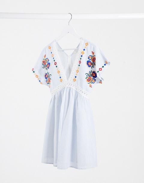 Vestido Amplio Con Aplicaciones Caladas Y Bordados Florales De En Crème-azul