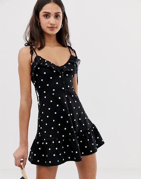 Asos Design Mini Sundress With Button Front And Pep Hem In Polka Dot-multi