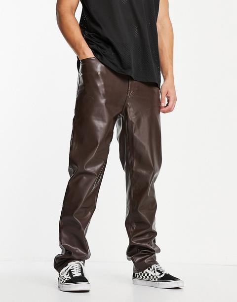 Asos Design Dad Fit Trousers In Brown Leather Look