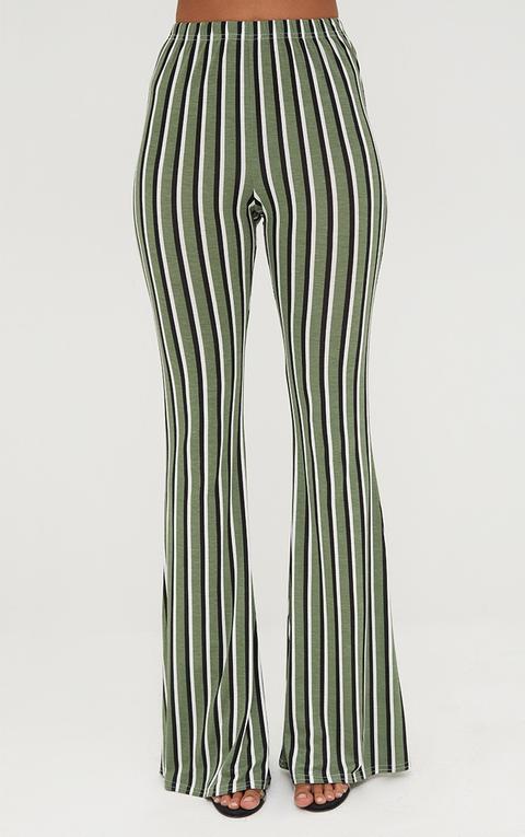 Khaki Jersey Vertical Stripe Trousers, Green