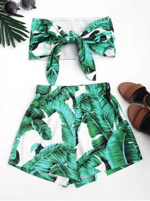 Leaves Print Top Sin Tirantes Y Pantalones Cortos Set