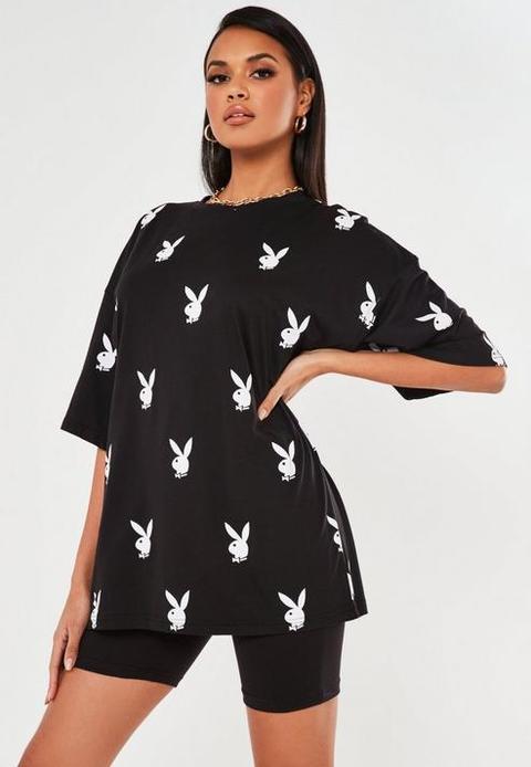 Playboy X Missguided Black Repeat Print Oversized T Shirt, Black